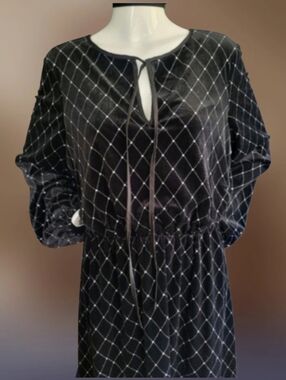 Black Velvet Diamond-Grid Tie-Neck Dress